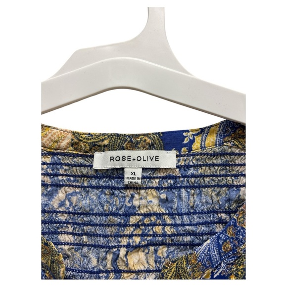 Rose & Olive Blue and Yellow Graphic Blouse with Notched Collar - Picture 3 of 6